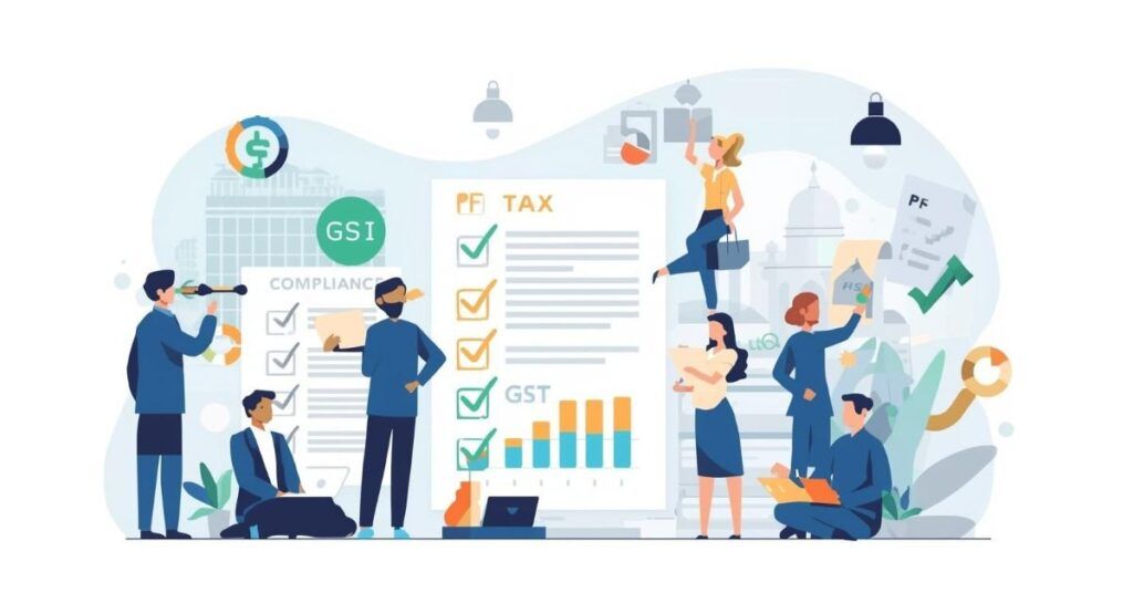 Statutory compliance in India for businesses showing tax, HR, payroll, PF and ESI compliance